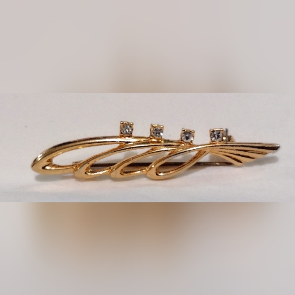 Gold Tone Brooch With Gems 2.25" Minimalist